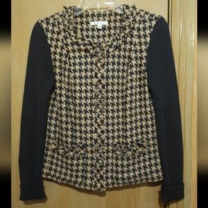 CAbi Houndstooth 978 Mixer Sweater Jacket Womans Size 4 Black Beige Cotton Wool